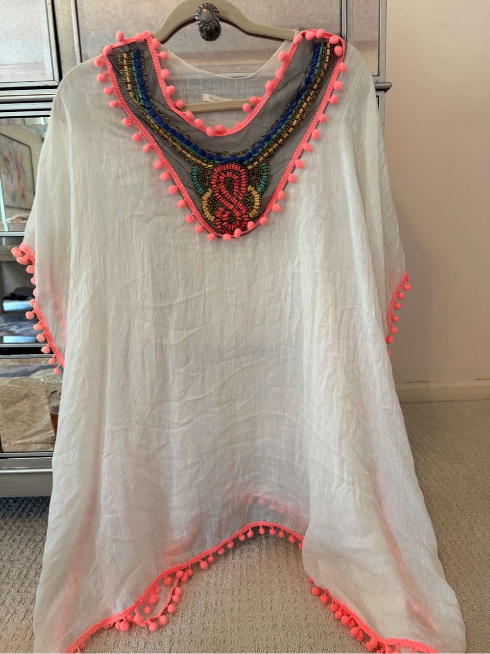 White Pom-Pom swimsuit coverup with Neon Pink Trim and Beaded Neckline